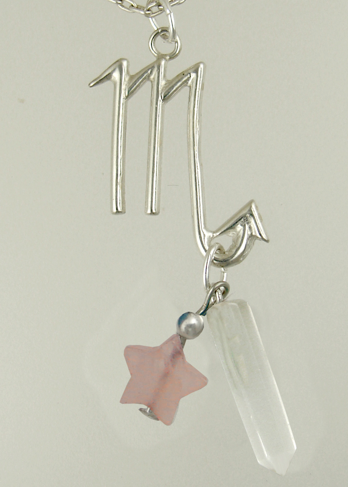 Sterling Silver Scorpio Pendant Necklace With an Clear Crystal And a Rose Quartz Star